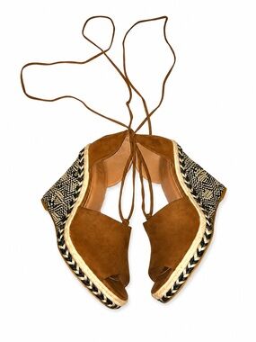 Cognac Black Tie-Up Wedge Sandals | Straw Platform | Boho | Size 7.5